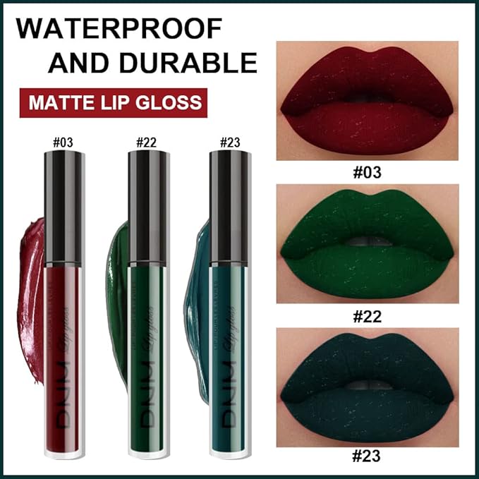 AMY'S DIARY 3Pcs Dark Red Green Matte Liquid Lipstick Sets,Matte Lipstick Lip Stain Long Lasting 24 Waterproof Lip Gloss Gift Set Matt Liquid Makeup Lipstick for Women