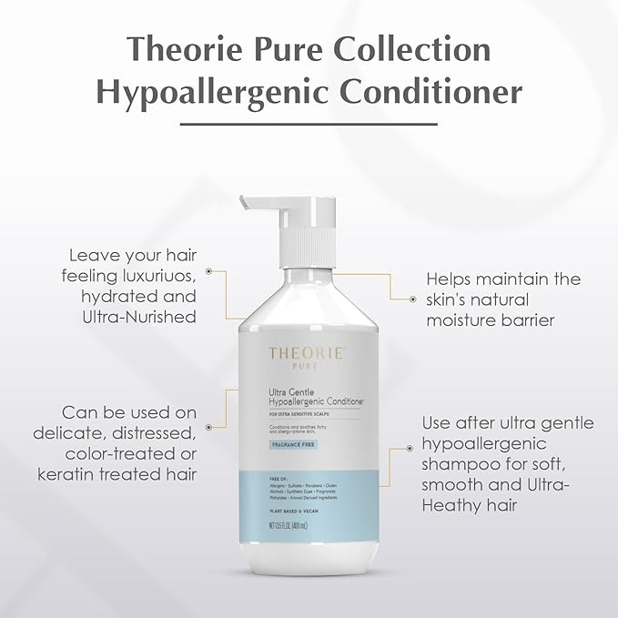 Theorie Pure Ultra Gentle Hypoallergenic Conditioner - Plant Based & Vegan - Conditions, Soothe Itchy & Allergy Prone Skin - Fragrance-Free - Ultra Sensitive Scalp, Pump Bottle - 400mL