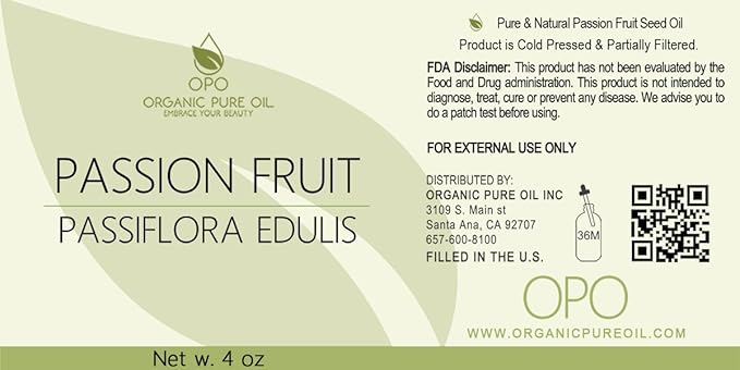OPO Passion Fruit Oil 4 oz Pure Natural Cold Pressed Maracuja Oil Fruit Seed Unrefined Extra Virgin Partially Filtered for Hair Face Body Skin By Organic Pure Oil
