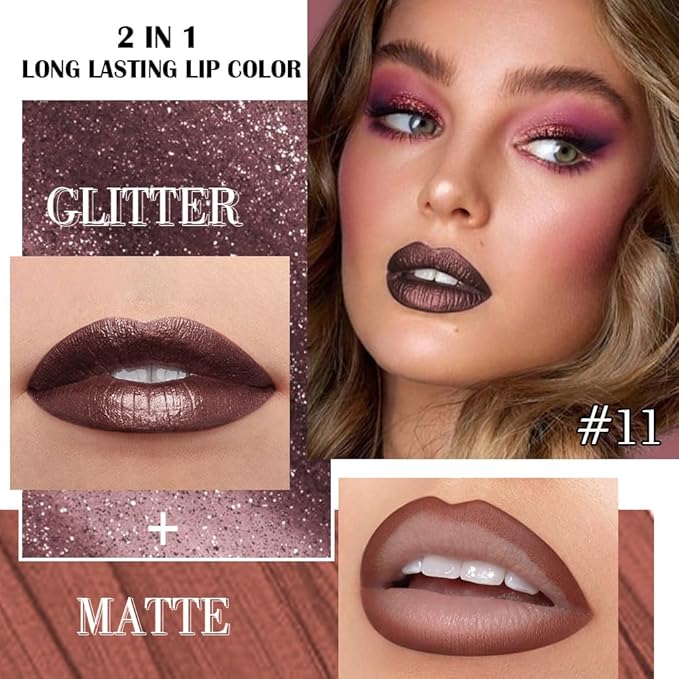 Kaely 2-in-1 Dark Borwn Metallic Lipstick and Lip Liner, Shimmer Liquid Metallic Lipsticks for Women, Glitter Lip Gloss Stain Long Lasting Waterproof Smudge Proof 24 Hour, Vegan Makeup, 11