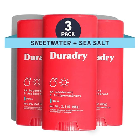 Duradry Clinical-Strength Antiperspirant Deodorant for Women and Men - Clean formula with Natural Ingredients, Odor, and Excessive Sweat protection for Armpits - Barca (Sweetwater+sea salt),3-pack