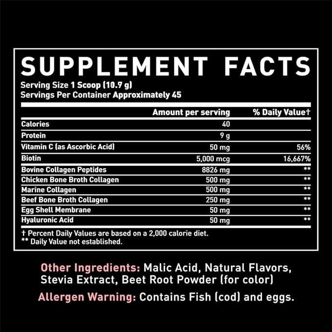 Premium Multi Collagen Peptides Protein Powder (1, 2, 3, 5 & 10) with Vitamin C, Biotin, Hyaluronic Acid, for Hair Skin and Nails - Marine, Bovine, Chicken & Eggshell (Strawberry, 45 Servings)