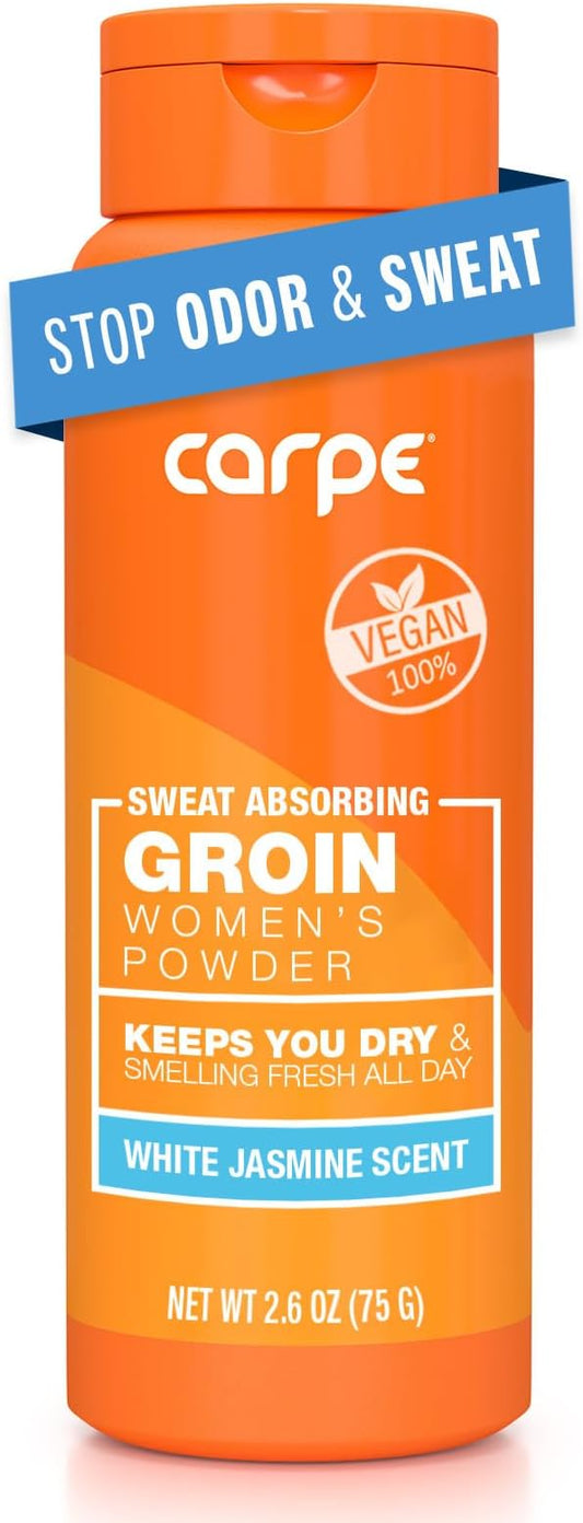 Carpe Sweat Absorbing Talc-Free Body Powder for Women, Anti-Chafing and Safe for Feminine Areas, White Jasmine Scent