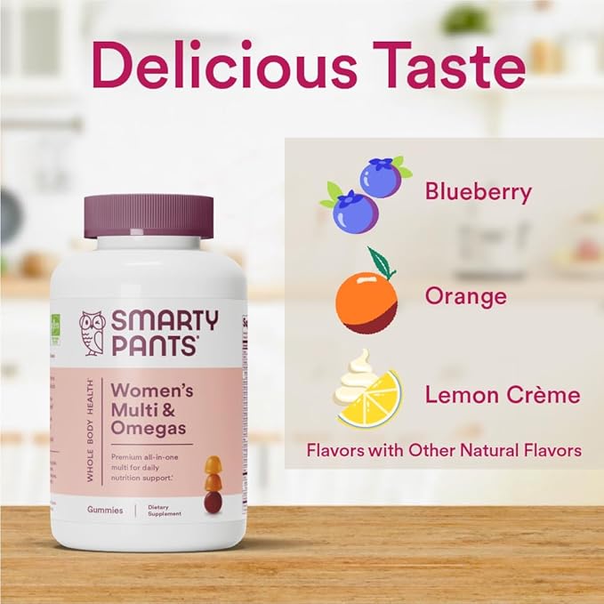 SmartyPants Women's Multivitamin Gummies: Omega 3 Fish Oil (EPA/DHA), Methylfolate, CoQ10, Vitamin D3, C, Vitamin B12, B6, A, K & Zinc, Inositol, Gluten Free, 120 Count (20 Day Supply)