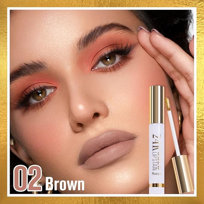 Brownish Red Liquid Matte Lip Liner Stain Peel Off with Tweezer, Long Lasting, Waterproof New Gold Matte Lipstick Lip Gloss Tattoo for Women, Smudge-proof Non-Stick Cup Lip Tint Makeup 02#