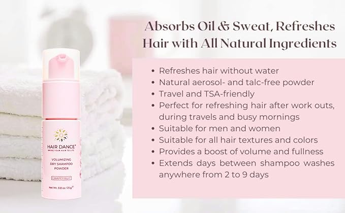 Hair Dance Dry Shampoo Powder | Non-Aerosol | Travel Size | Natural & Organic | Made in USA | No Benzene, Vegan, Cruelty Free, For All Hair Colors, Free of Talc | Grapefruit Oil Scent - 0.8 Ounce