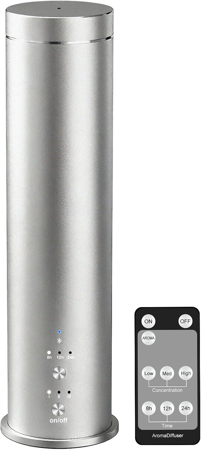 Waterless Essential Oil Diffuser Large Room Scent Diffuser for Home, Office, Hotel and Spas - Aromatherapy Diffuser Fragrance Oil Machine, Remote Control, Timer, Silver