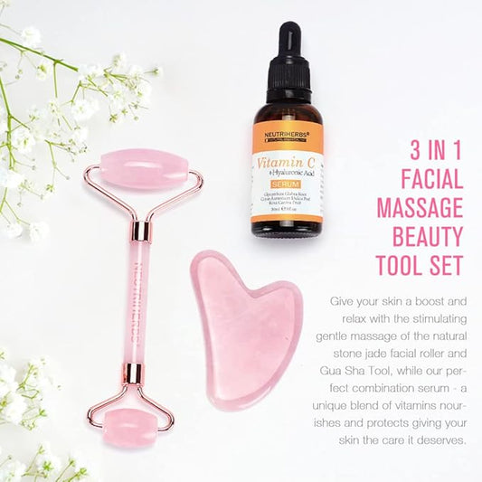 NEUTRIHERBS Jade Gua Sha & Face Roller & Vitamin C Serum Facial Tool Set(3 in 1 Kit), Home Face Massager for Wrinkle,Fine Line,Puffiness,Firm Smooth Relax Skin -- Pink