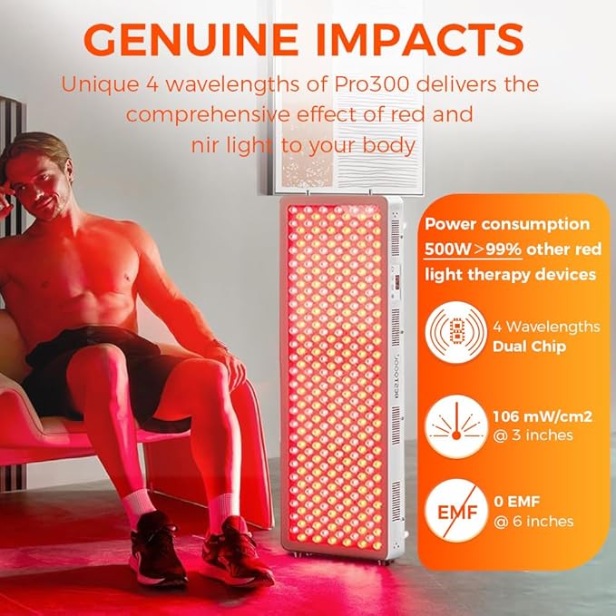 BestQool Red Light Therapy Device, 4 Wavelengths Full Body Infrared Red Light Therapy, Elite Grade Dual Chip 300 LEDs, High Power Panel for Pain Relief, Muscle, Skin, Energy. 500W. Modular Design.