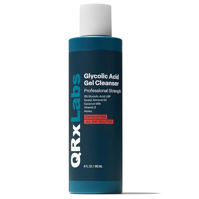QRxLabs Glycolic Acid Face Wash Gel Cleanser - 6 fl oz - Exfoliating Facial Cleanser & Ingrown Hair Treatment for Blemish-Prone Skin