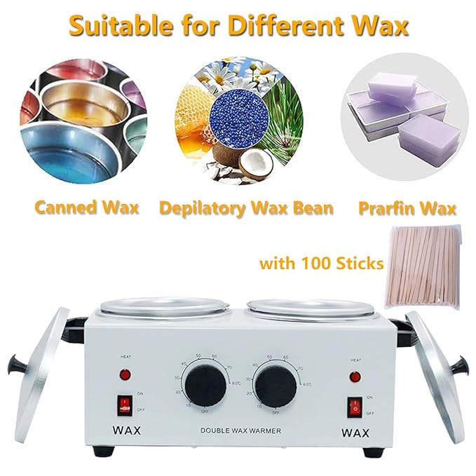 Wax Warmer Double Pot, Professional Electric Heater for Facial, Body, Spa, and Salon, 1.2L Dual Adjustable Temperature with 100 Wooden Craft Sticks, Hair Removal