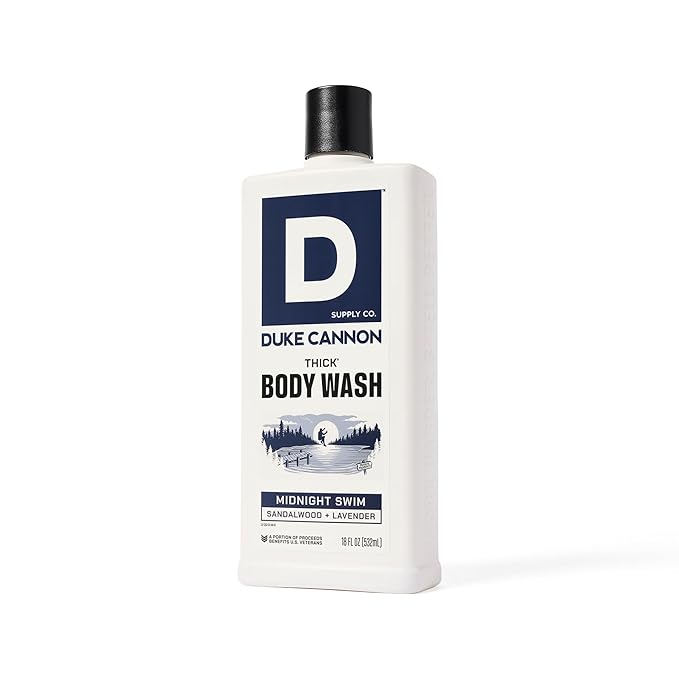 Duke Cannon Supply Co. Thick High Viscosity Body Wash - 3X Thicker, Cleansing Shower and Bath Gel, Mineral-Enriched Body Wash for Men - Sandalwood + Lavender - Mens Body Scrub - Midnight Swim (18 oz)