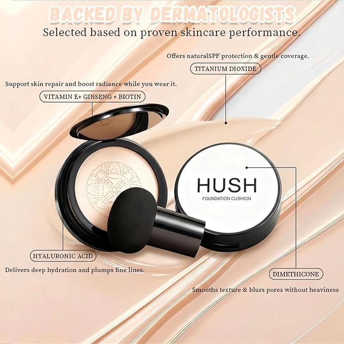 Hush Foundation for Older Women, 2026 New Mushroom Head Air Cushion CC Cream, Full Coverage Foundation for Older Women, BB Cream for All Skin Types (Natural)