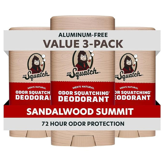 Dr. Squatch Natural Men’s Deodorant – Aluminum Free Natural Deodorant Men with Charcoal & Postbiotics for 72-Hour Odor Protection – Sandalwood Summit, 2.65oz Stick (3-Pack)