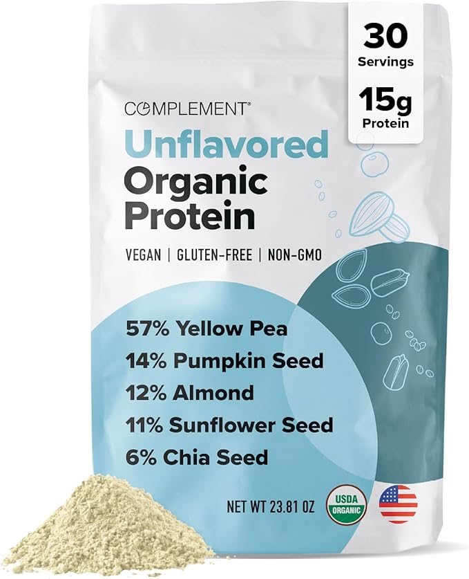 Complement Organic Unflavored Vegan Protein Powder (30 Servings) Low Carb, Low Calorie, Sugar Free, Soy Free, Non-GMO, Gluten Free, Non Dairy- Yellow Pea, Pumpkin Seed- 15g Plant Based Protein Powder