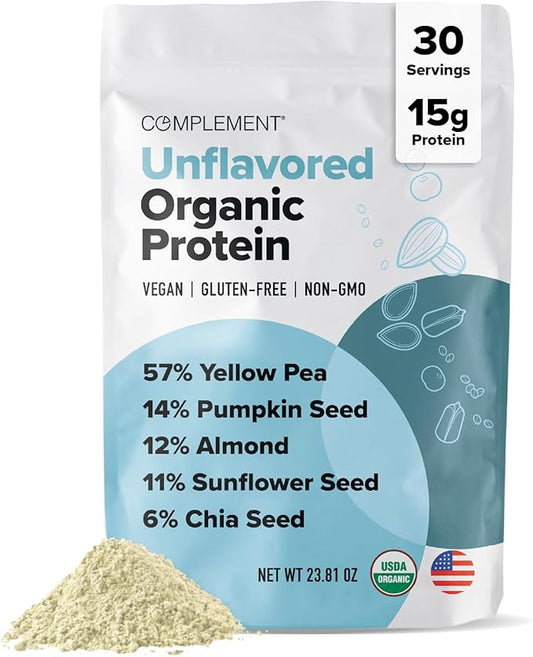 Complement Organic Unflavored Vegan Protein Powder (30 Servings) Low Carb, Low Calorie, Sugar Free, Soy Free, Non-GMO, Gluten Free, Non Dairy- Yellow Pea, Pumpkin Seed- 15g Plant Based Protein Powder