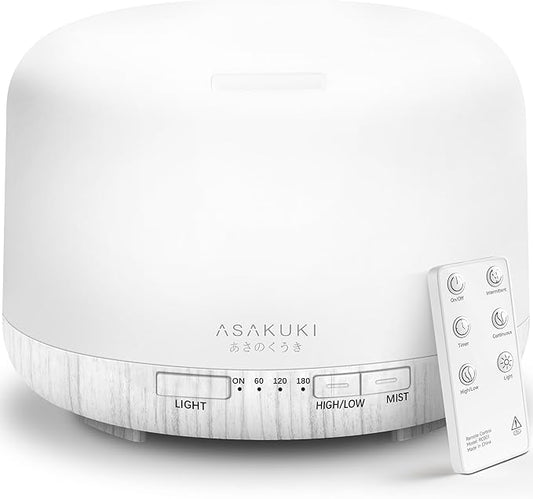 ASAKUKI 500ml Premium Essential Oil Diffuser with Remote Control, 5 in 1 Ultrasonic Aromatherapy Fragrant Oil Humidifier Vaporizer, Timer and Auto-Off Switch (White)
