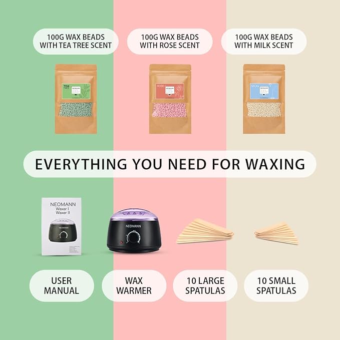 Waxer II Waxing Kit for Women and Men Non-Sticky, Teflon-Coated - Wax Warmer for Hair Removal incl. 300g Wax Beads, 20 Spatulas