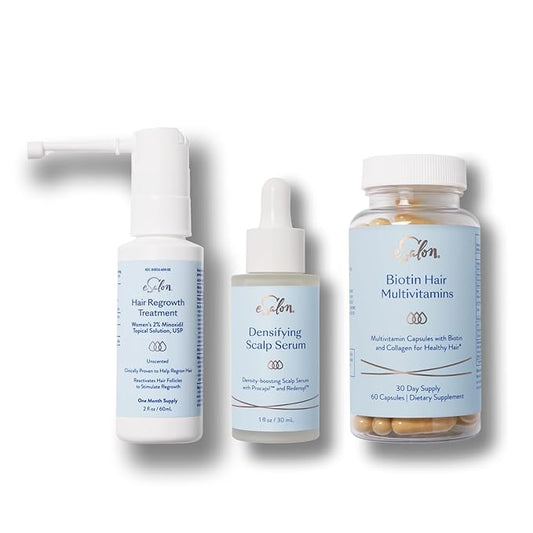 eSalon Hair Regrowth Essentials Bundle, 2% Minoxidil Treatment, Densifying Scalp Serum, Biotin Hair Multivitamins, One Month Supply