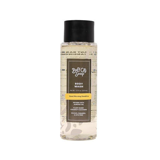 Buff City Soap Plant-Based Body Wash- Coconut Cleansers & Almond Oil Infused, Gentle & Rich Non-Drying Lather, Helps Reduce Moisture Loss & Supports Skin Barrier-Good Morning Sunshine, 12 fl oz
