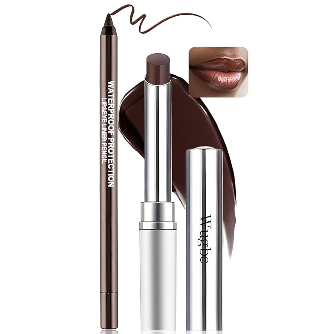 Tinted Lip Balm Brown Lip Liner Set, Hydrating Formula Black Lipstick for Women, Matte Lip Liner and Lipstick Combo Natural Glossy Finish Makeup Lip Care Balm for Repairing Dry Lips