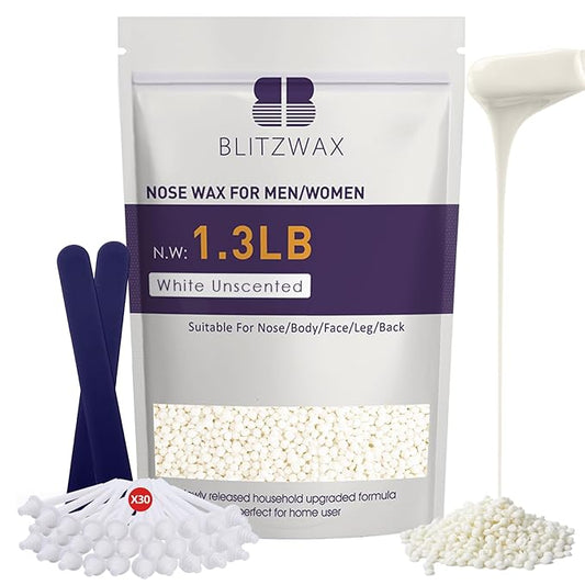 BLITZWAX Hair Removal Hard Wax Beads Unscented 1.3lb Waxing Beans Kit with 30 Nose Waxing Sticks for Sensitive Skin, Face, Back, Body, Brazilian and Coarse Hair, Home Wax Pearls for Men Women, White