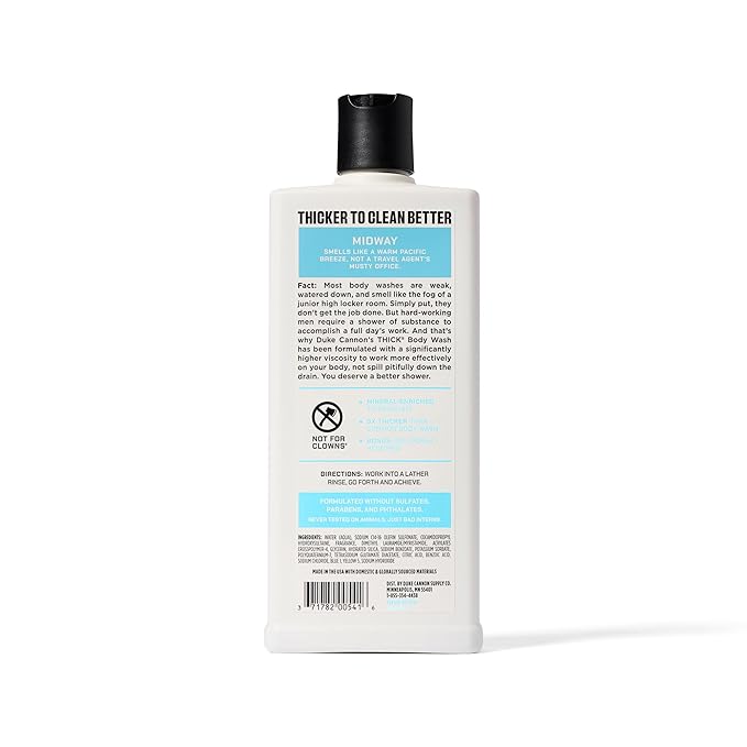 Duke Cannon Supply Co. Thick High Viscosity Body Wash – 3X Thicker, Cleansing Shower and Bath Gel, Mineral-Enriched for Men – Shower Gel – Men’s Body Scrub – Midway (18 oz)