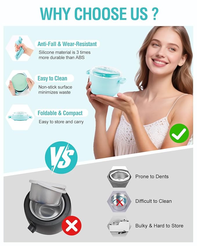 Silicone Wax Warmer for Hair Removal, Foldable Hot Wax Melter Machine for Hard and Soft Wax Beads, 18.6oz Electric Waxing Kit Silicone Heater Pot for Full Body, Legs, Face, Eyebrows & Bikini