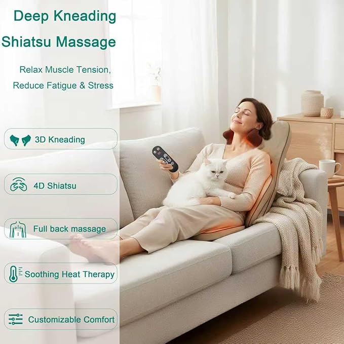 Shiatsu Neck Back Massager Chair Pad w/Heat - Full-Back Kneading, Rolling - Adjustable Neck Height & Intensity - Relieve Fatigue and Relax Muscle Tissue