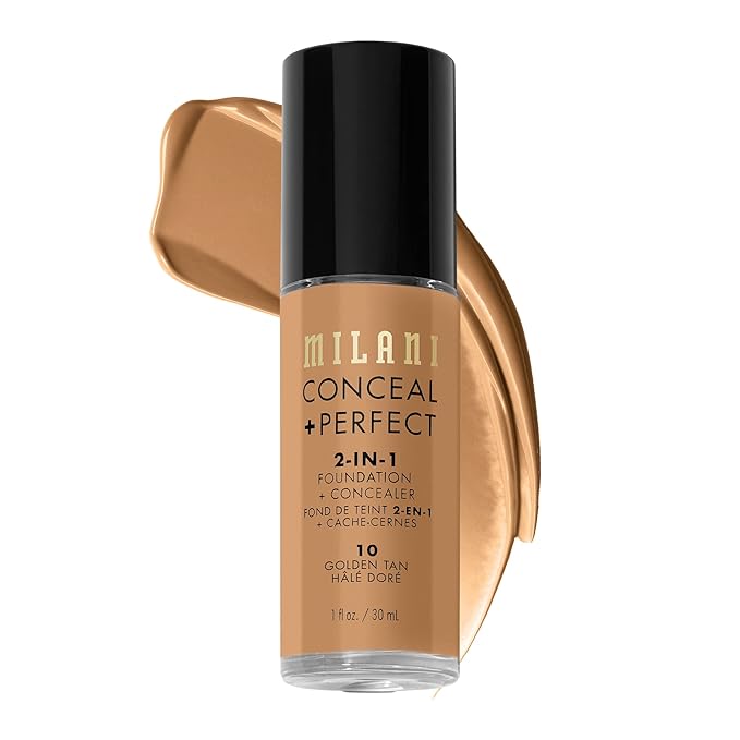 Milani Conceal + Perfect 2-in-1 Foundation + Concealer for a Flawless Complexion, Under Eye Corrector, Cover Redness and Imperfections, Waterproof and Sweatproof - Golden Tan