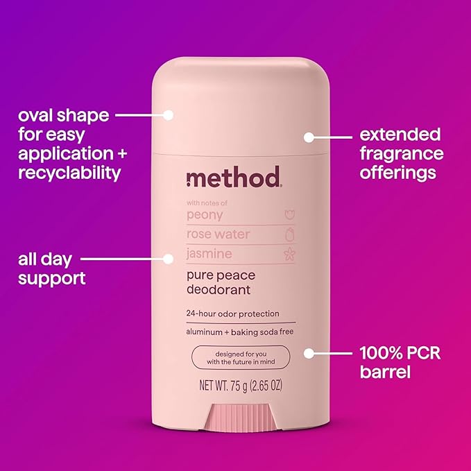 Method Deodorant, Pure Peace, Rose Water, Peonies + Pink Sea Salt notes, 24 Hour Odor Protection, 2.65 oz