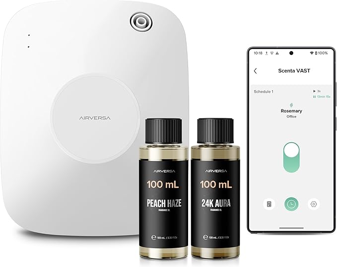 Airversa Smart Waterless Essential Oil Diffuser, 400mL Capacity with 200mL Fragrance Scent Oils, Up to 2000 sq ft Aromatherapy Scent Air Machine for Large Room and Commercial Use, ANA White Kit