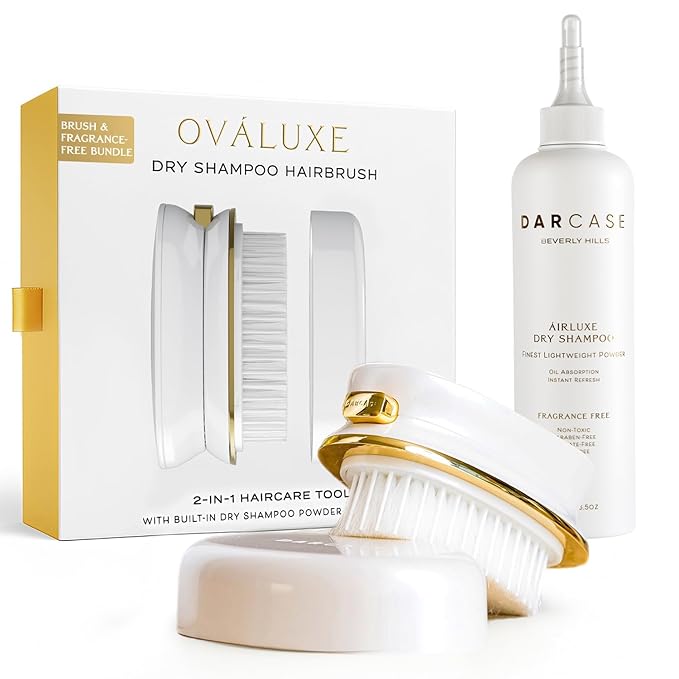 DARCASE Dry Shampoo Powder with Refillable Dry Shampoo Brush - Travel Size Powdered Shampoo Brush - Travel Essentials for Women - Pre-Filled 30ml Unscented Hair Powder Brush & 6.5oz Unscented Bottle