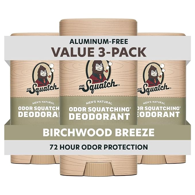 Dr. Squatch Natural Men’s Deodorant – Aluminum Free Natural Deodorant Men with Charcoal & Postbiotics for 72-Hour Odor Protection – Birchwood Breeze, 2.65oz Stick (3-Pack)