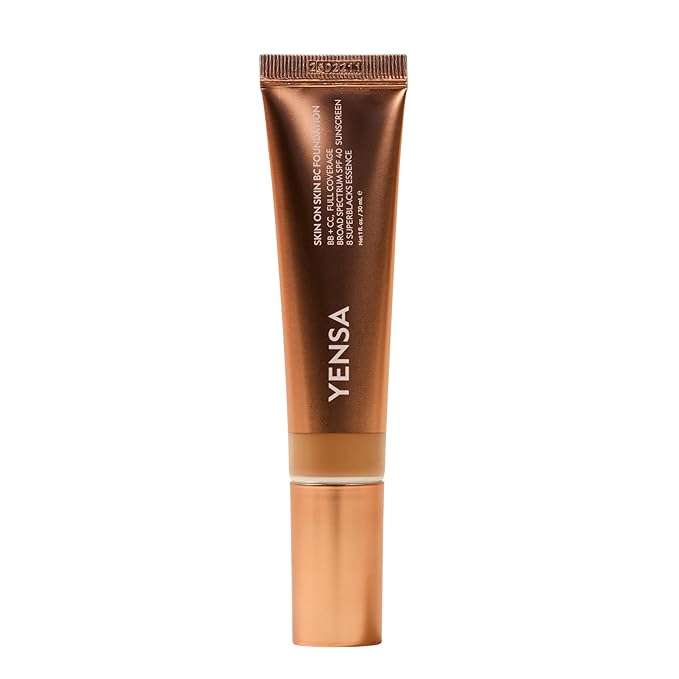 YENSA Skin on Skin BC Foundation Makeup - CC, BB Cream & Full Coverage Foundation-In-One - Buildable, Radiant Finish with SPF 40, Hyaluronic Acid, Peptides & 8 SuperBlacks - Deep Golden (1 oz)