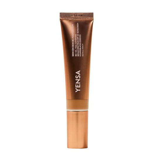 YENSA Skin on Skin BC Foundation Makeup - CC, BB Cream & Full Coverage Foundation-In-One - Buildable, Radiant Finish with SPF 40, Hyaluronic Acid, Peptides & 8 SuperBlacks - Deep Golden (1 oz)