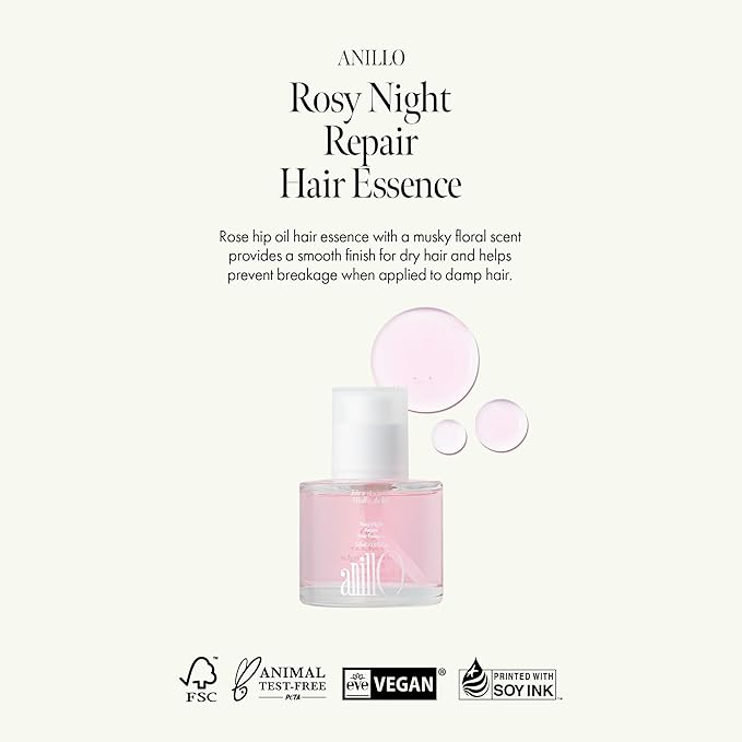 Rosy Night Repair Hair Essence with Damask Rose Extract, Rosehip Oil, Peptide Complex for Dry, Damaged, Frizzy Hair - Musky Floral Scent, Vegan, Paraben-Free 50ml / 1.69 fl. Oz