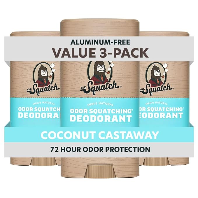 Dr. Squatch Natural Men’s Deodorant – Aluminum Free Natural Deodorant Men with Charcoal & Postbiotics for 72-Hour Odor Protection – Coconut Castaway, 2.65oz Stick (3-Pack)