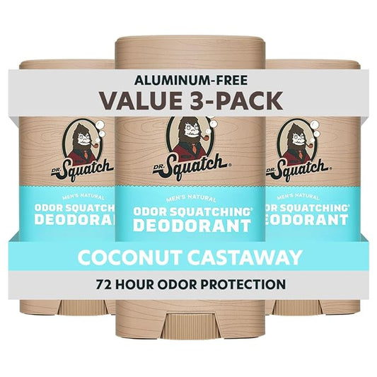 Dr. Squatch Natural Men’s Deodorant – Aluminum Free Natural Deodorant Men with Charcoal & Postbiotics for 72-Hour Odor Protection – Coconut Castaway, 2.65oz Stick (3-Pack)