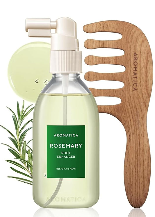 AROMATICA Rosemary Root Enhancer & Wooden Scalp Massager Set - Hair Scalp Massager with Rosemary Water Scalp Serum for Hair Growth, Hair Care for Women, Dry Treatment Set, Christmas Gift for hair care