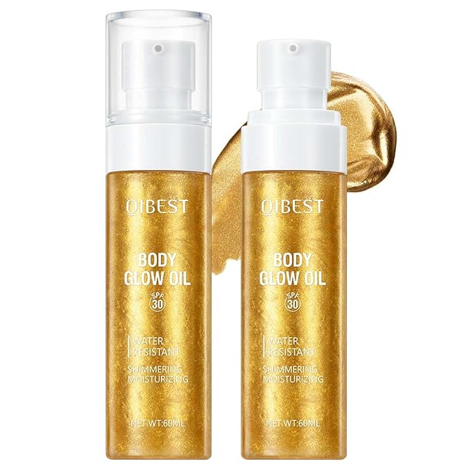 60ml Shimmer Body Oil – Illuminating Sunscreen SPF 30 Body Glow Oil with Radiant glitter, Lightweight Moisturizer for Highlighted Skin, Non-Greasy, Water-Resistant Summer Glow Enhancer (01# Gold)