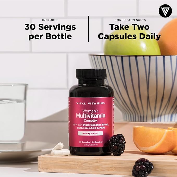 Vital Vitamins Women's Multivitamin Complex - Made with Multi-Collagen Blend, Hyaluronic Acid, & MSM - Beauty Multivitamins - with Vitamin A, C, E, B6, B12, D3-60 Capsules