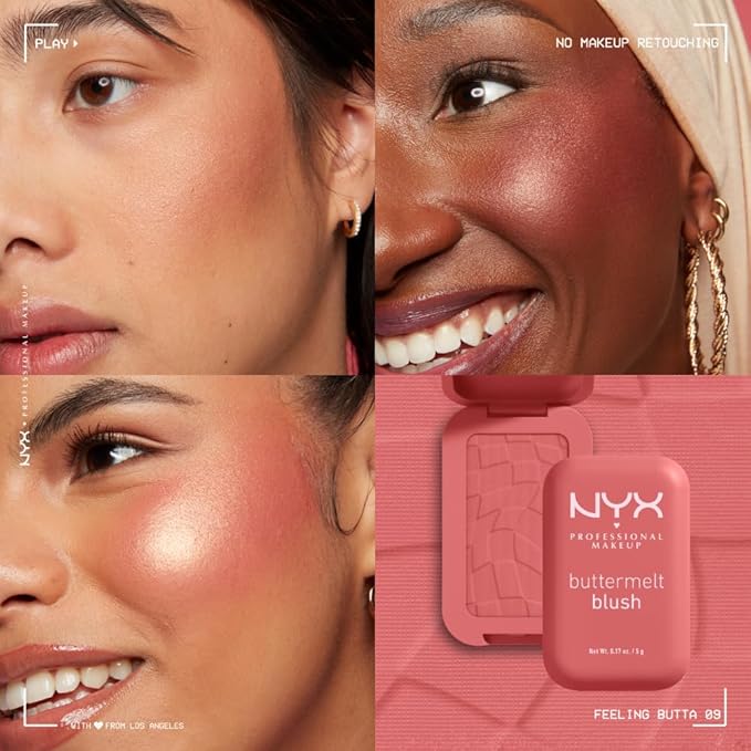 NYX PROFESSIONAL MAKEUP Buttermelt Powder Blush, Fade and Transfer-Resistant Blush, Up to 12HR Make Up Wear, Vegan Formula - Feeling Butta