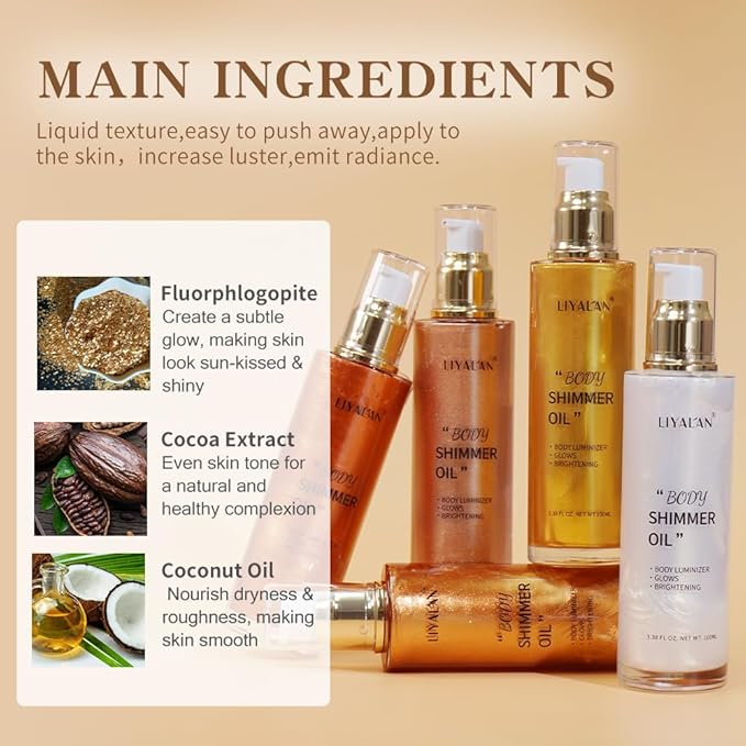 Liyalan Shimmer Body Oil Pearl White 5 Color Bronze Face Brighten Glow Highlighter Illuminator Body Makeup Shine Glitter Gold Liquid Taning (2.8 Fl Oz)