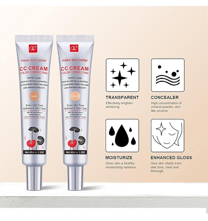 Color Correcting CC Cream with SPF 25, Coverage Lightweight Foundation, Invisible Pores,Rich In Centella Asiatic,Hydrating Serum,Refine Skin Texture, Avoid Sun Damage (LIGHT, LIGHT)