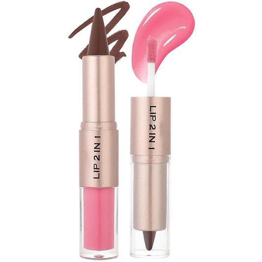 2 in 1 Dual-Ended Lip Combo Sets, Velvet Matte Brown Lip Liner Gloss Kit, Nude Lipstick, Long Lasting High Pigmented Makeup