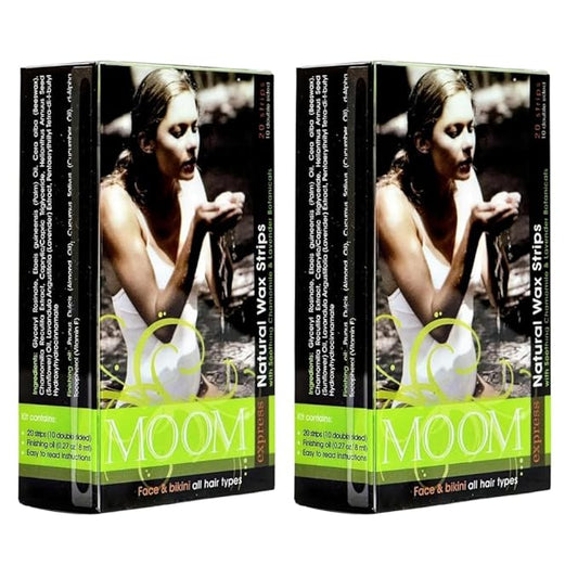 MOOM Express Wax Strips with Chamomile & Lavender, Hair Removal Kit with Finishing Oil – Face, Bikini Area & Brazilian, 10 Double-Sided Strips (2 Pack), 40 Count