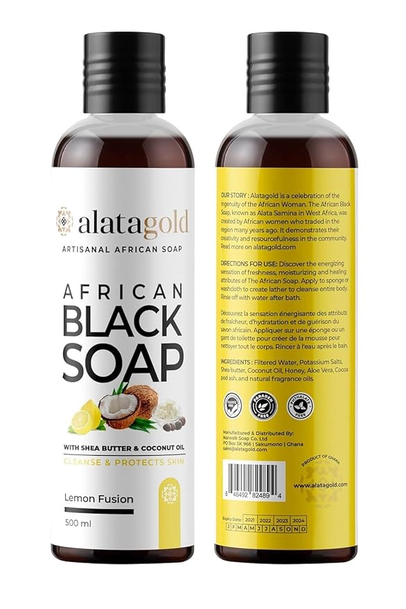 African Black Soap Liquid Body Wash (Pack of 2) – Moisturizing Black African Soap with Shea Butter, Aloe, Honey & Coconut Oil – Deep Cleansing & Hydrating – 16.9 oz (Lemon Scent)