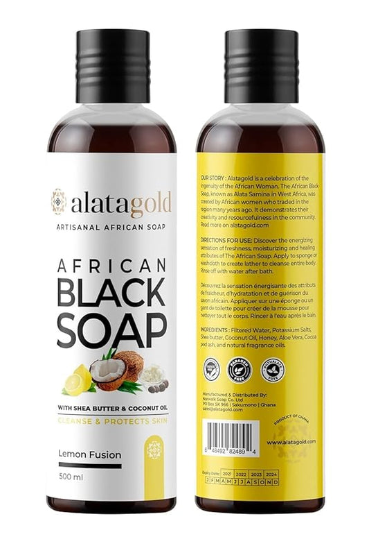 African Black Soap Liquid Body Wash (Pack of 2) – Moisturizing Black African Soap with Shea Butter, Aloe, Honey & Coconut Oil – Deep Cleansing & Hydrating – 16.9 oz (Lemon Scent)