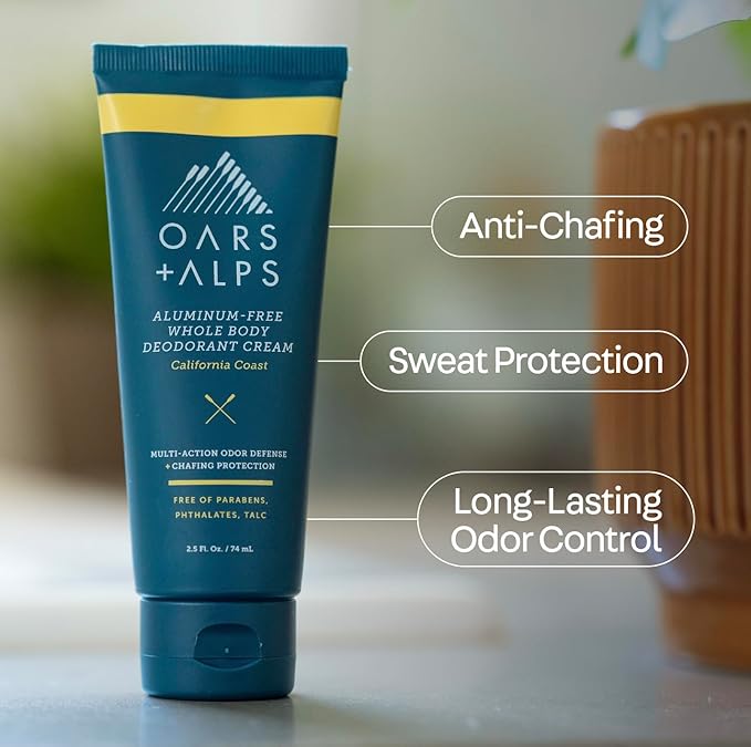 Oars + Alps Whole Body Deodorant for Men & Women, Aluminum Free & Deodorant with Ylang Ylang, Citrus, Patchouli, Multi-Action Odor Defense, Long Lasting, Anti-Chafe, California Coast, 2.5oz